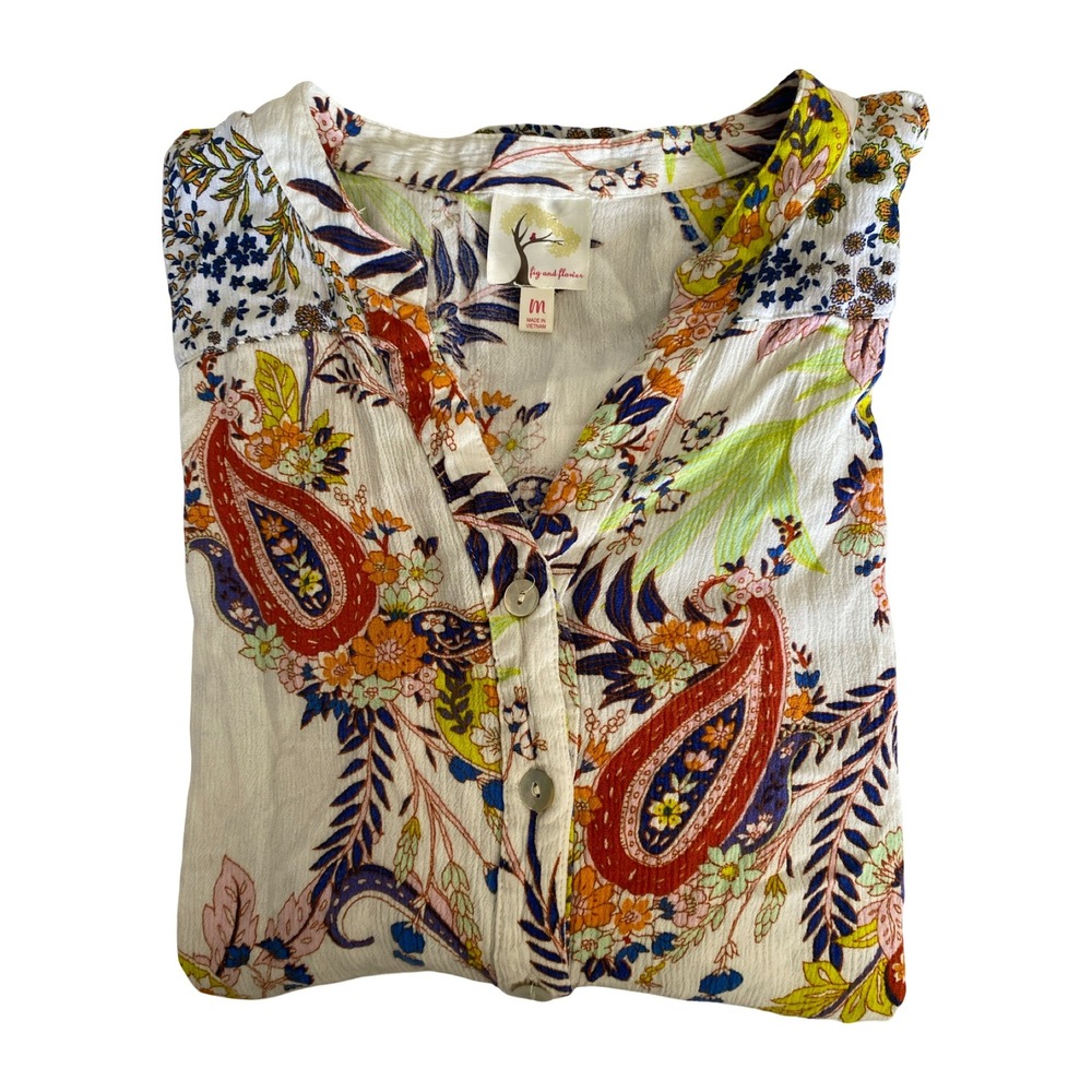 Fig & Flower Blouse M Boho Paisley Floral Rayon Button Tab Sleeve Split Top Chic - Picture 12 of 12